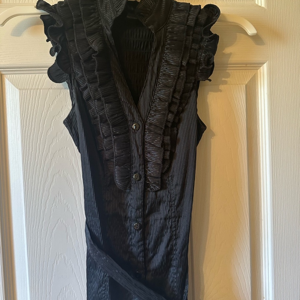 Black Ruffled Sleeveless Button Front Blouse
